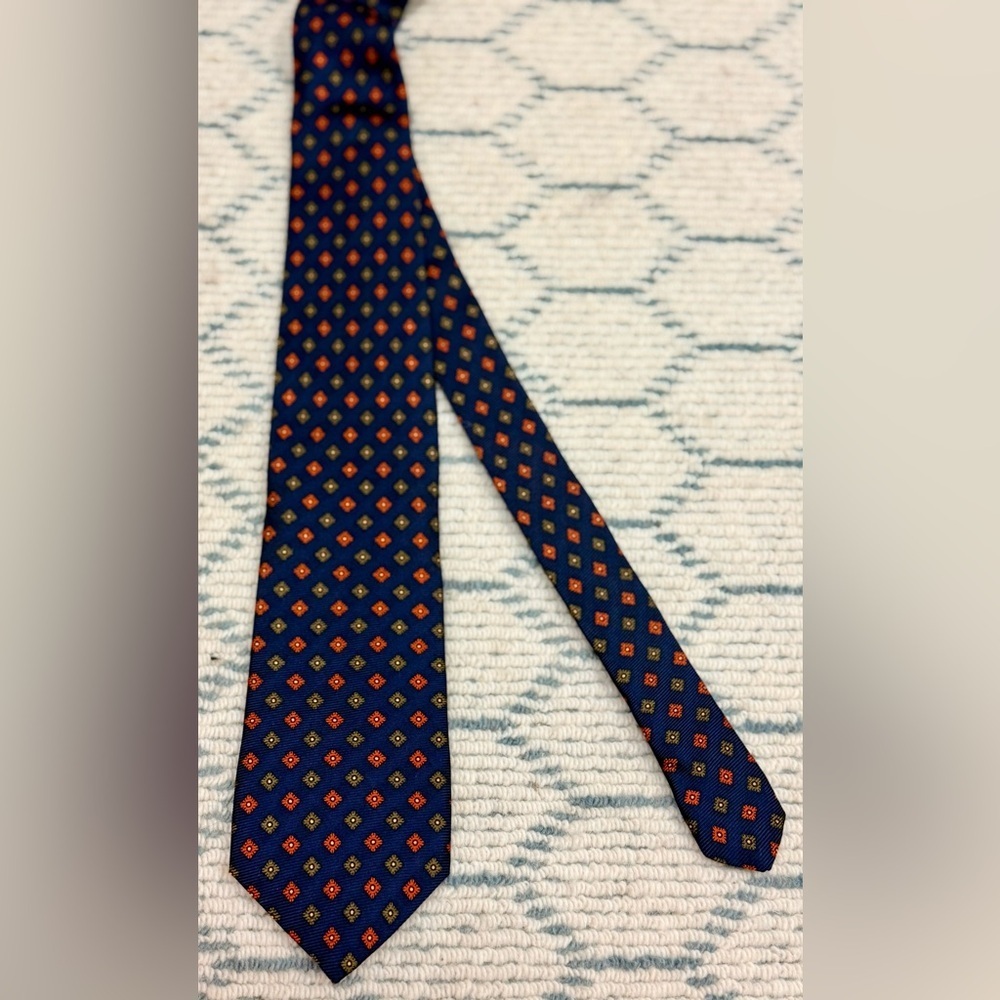 GITMAN BROS Parisian Formal Men’s Silk Tie Navy Blue Orange Medallion Hand Made